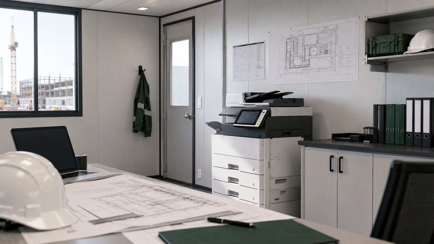 Oficina de obra con equipo de impresión profesional y mesa de trabajo técnica