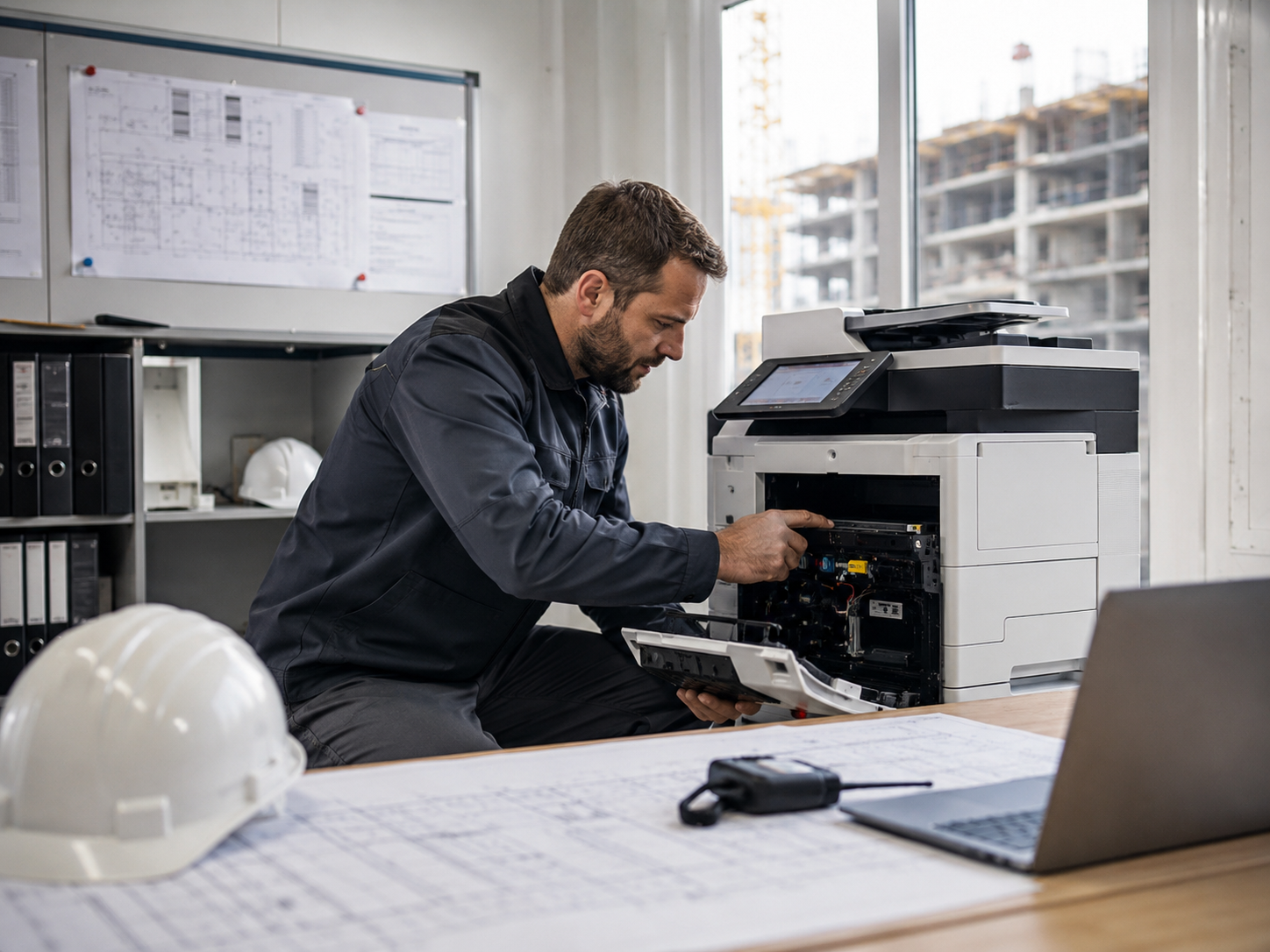 Técnico dando soporte a un equipo multifuncional en oficina de obra